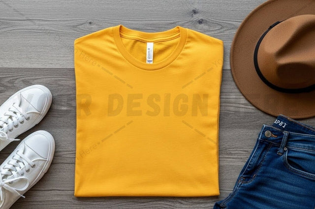 Bright yellow t-shirt mockup with casual accessories Mock Up Photo Regulrcrative 