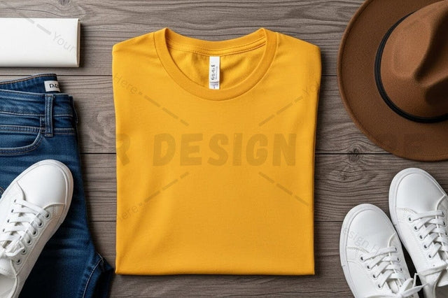 Bright yellow t-shirt mockup with casual accessories Mock Up Photo Regulrcrative 