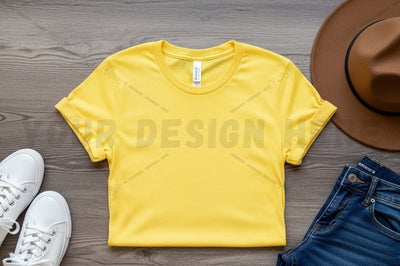 Bright yellow t-shirt mockup with casual accessories Mock Up Photo Regulrcrative 