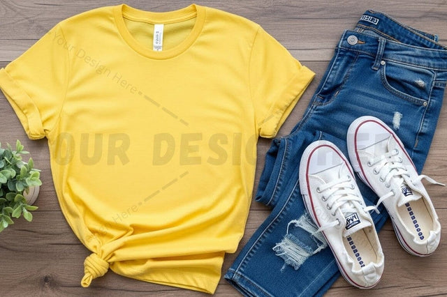 Bright yellow t-shirt mockup with casual outfit Mock Up Photo Regulrcrative 