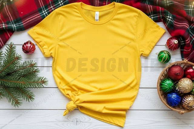 Bright yellow t-shirt mockup with christmas decorations Mock Up Photo Designangry 