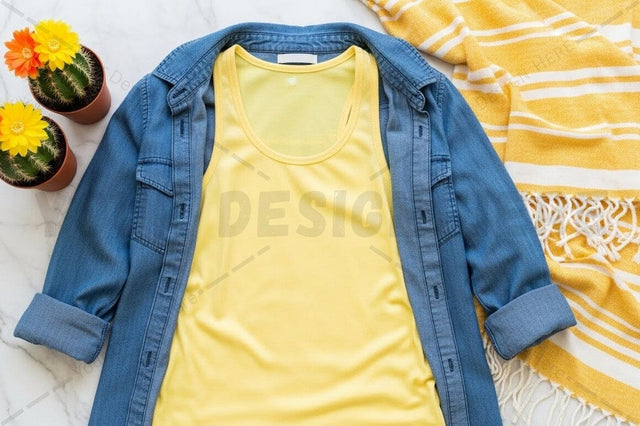Bright yellow t-shirt mockup with denim jacket Mock Up Photo Regulrcrative 