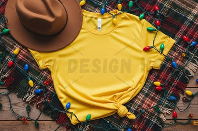 Bright yellow t-shirt mockup with festive decor Mock Up Photo Designangry 