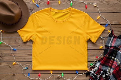 Bright yellow t-shirt mockup with festive decor Mock Up Photo Designangry 
