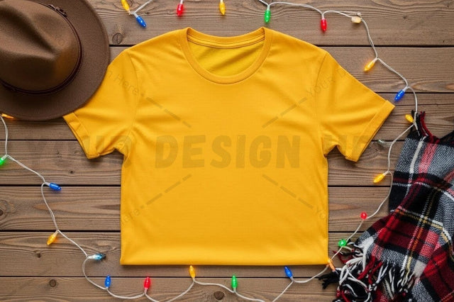 Bright yellow t-shirt mockup with festive decor Mock Up Photo Designangry 
