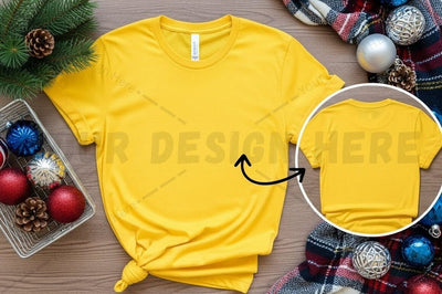 Bright yellow t-shirt mockup with holiday decorations Mock Up Photo Designangry 