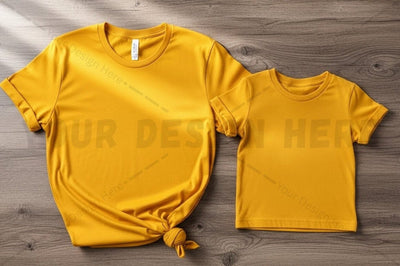 Bright yellow t-shirt set for mother and child Mock Up Photo Regulrcrative 