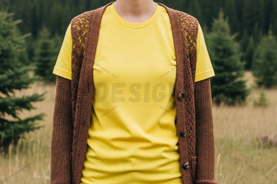 Bright yellow t-shirt with brown knitted cardigan Mock Up Photo Designangry 