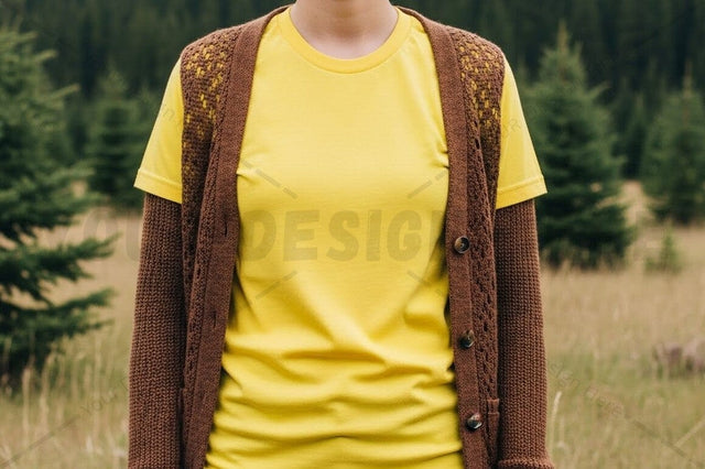 Bright yellow t-shirt with brown knitted cardigan Mock Up Photo Designangry 