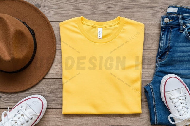 Bright yellow t-shirt with casual outfit accessories Mock Up Photo Regulrcrative 