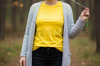 Bright yellow t-shirt with gray cardigan in forest setting Mock Up Photo Designangry 