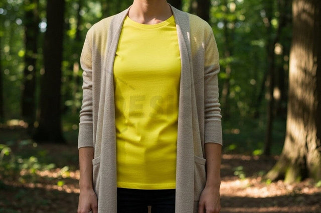 Bright yellow t-shirt with gray cardigan Mock Up Photo Designangry 