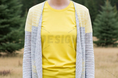 Bright yellow t-shirt with gray knit cardigan Mock Up Photo Designangry 