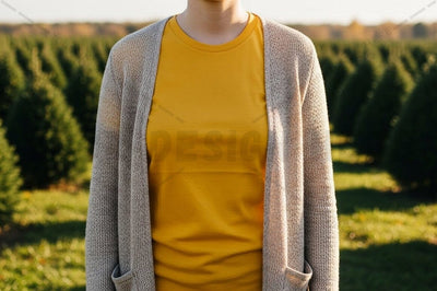 Bright yellow t-shirt with light gray cardigan Mock Up Photo Designangry 