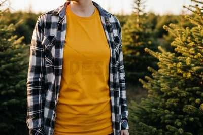 Bright yellow t-shirt with plaid shirt outdoor mockup Mock Up Photo Designangry 