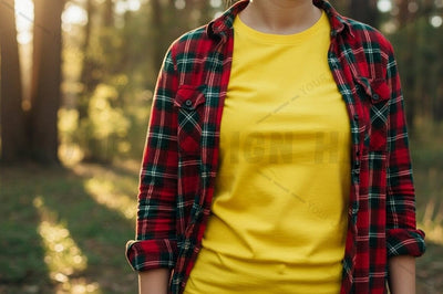 Bright yellow t-shirt with plaid shirt overlay Mock Up Photo Designangry 