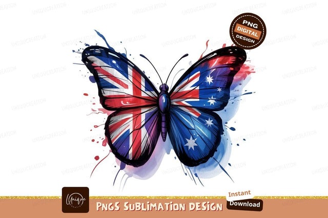 British Australian Butterfly Flag Watercolor Artwork Sublimation Designangry 