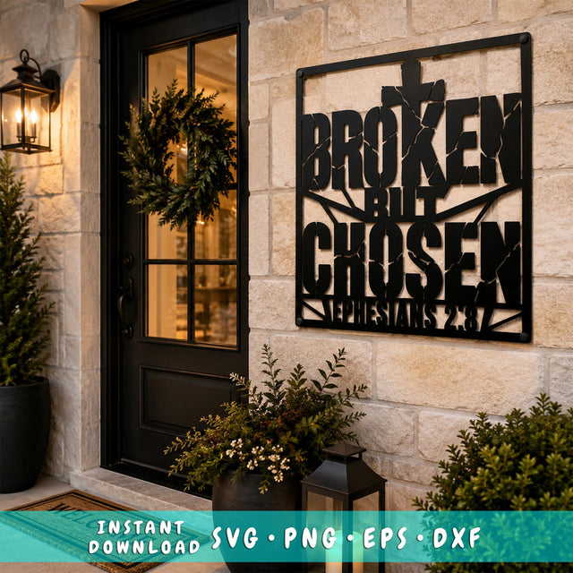 Broken But Chosen Laser SVG | Christian Cross Metal Wall Art DXF | Ephesians 2:8 Bible Verse Svg | Plasma CNC Laser Cut File | Faith Sign SVG HappyDesignStudio 
