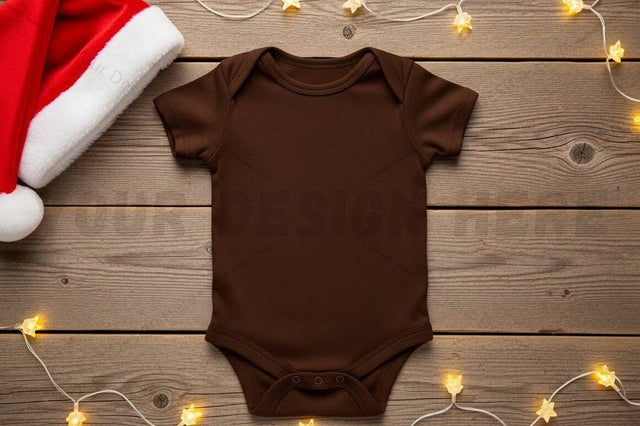 Brown baby onesie with santa hat and holiday lights Mock Up Photo Designangry 