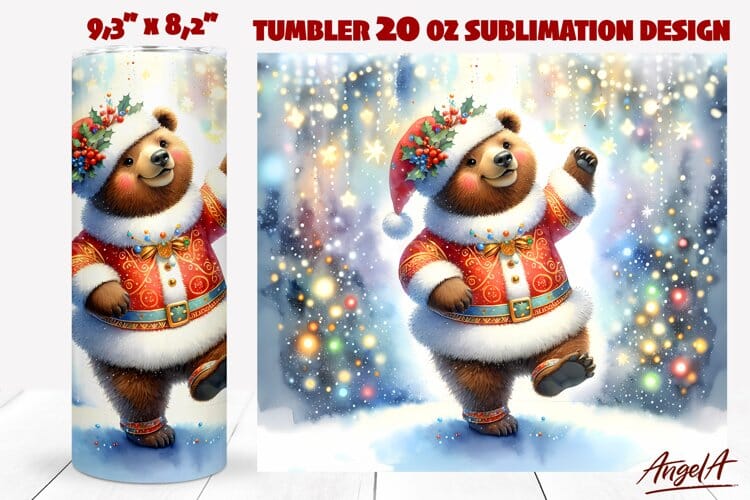 Brown bear tumbler sublimation, dancing Christmas animal Sublimation Angelina Semenova 