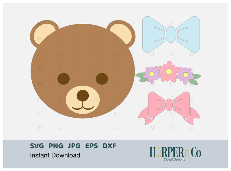 Brown Bear with Bows and Flowers SVG PNG Cut EPS File SVG HarperNCo 