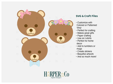 Brown Bear with Bows and Flowers SVG PNG Cut EPS File SVG HarperNCo 