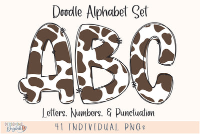 Brown Cow Print Doodle Letters PNG, Country Western Cow Print Sublimation Alphabet, Farm Animal Print Clipart for Tshirts, Stickers & More SVG Designing Digitals 