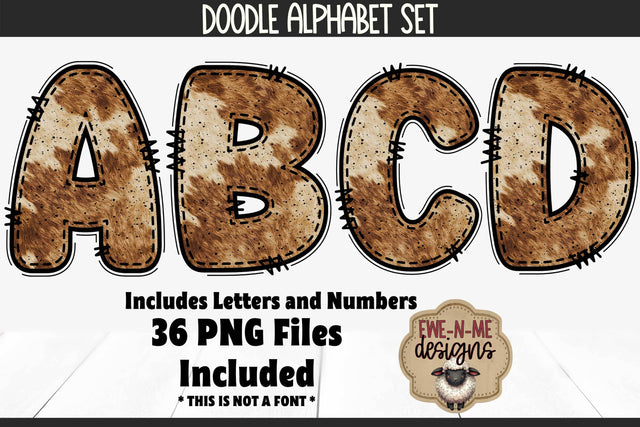 Brown Cowhide Doodle Alphabet Number | Cow Print PNG Letters Sublimation Ewe-N-Me Designs 