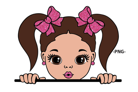 Brown Hair Girl Peekaboo Clipart with Pink Glitter Bows PNG | Cute Cartoon Peeking Girl Illustration for Cricut Sublimation Crafts Stickers SVG 1uniqueminute 