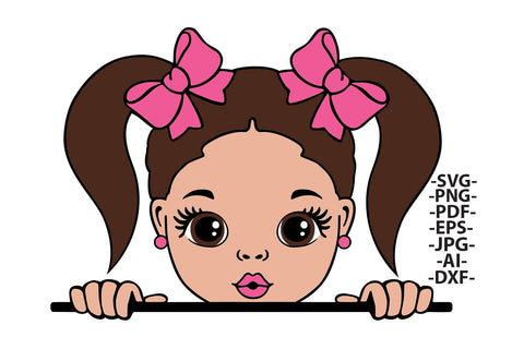 Brown Hair Girl Peekaboo Clipart with Pink Glitter Bows PNG | Cute Cartoon Peeking Girl Illustration for Cricut Sublimation Crafts Stickers SVG 1uniqueminute 