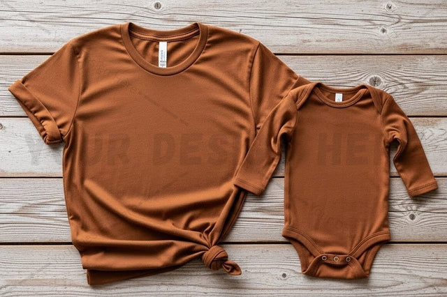 Brown t-shirt and onesie set Mock Up Photo Regulrcrative 