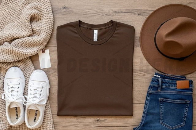 Brown t-shirt mockup design with accessories Mock Up Photo Regulrcrative 
