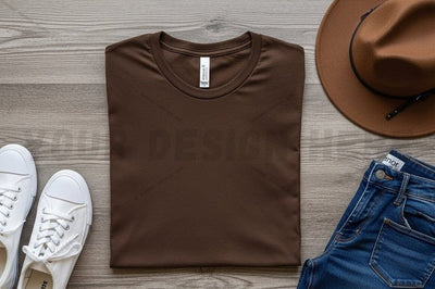 Brown t-shirt mockup design with accessories Mock Up Photo Regulrcrative 