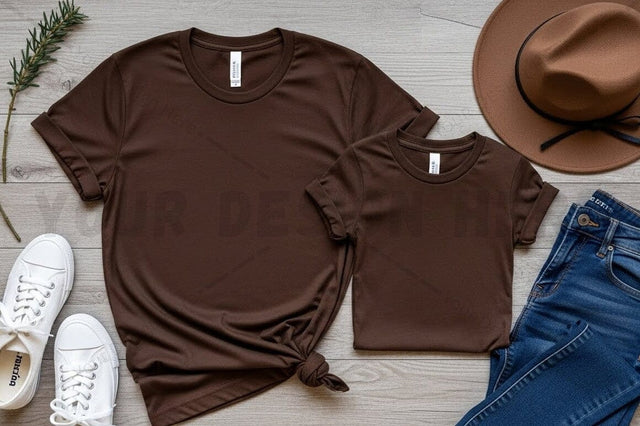 Brown t-shirt mockup design with casual accessories Mock Up Photo Regulrcrative 
