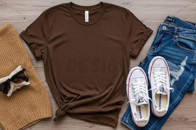 Brown t-shirt mockup design with casual outfit Mock Up Photo Regulrcrative 