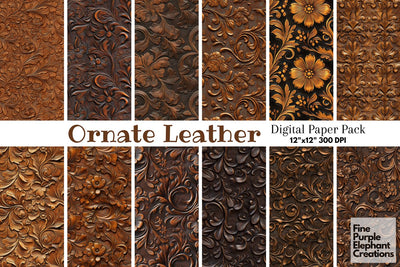 Brown Tooled Leather Digital Paper - Embossed Cowboy Western Digital Pattern Fine Purple Elephant Creations 