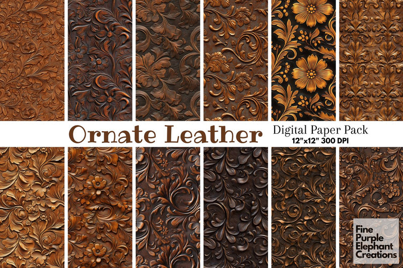 Brown Tooled Leather Digital Paper - Embossed Cowboy Western Digital Pattern Fine Purple Elephant Creations 