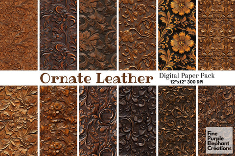 Brown Tooled Leather Digital Paper - Embossed Cowboy Western Digital Pattern Fine Purple Elephant Creations 