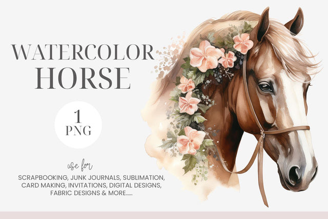 Brown & White Watercolor Floral Horse PNG SVG BijouBay 