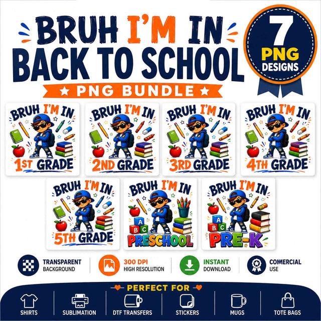 Bruh I'm In Back to School PNG Bundle | Pre-K to 5th Grade Designs SVG BillahCrafts 