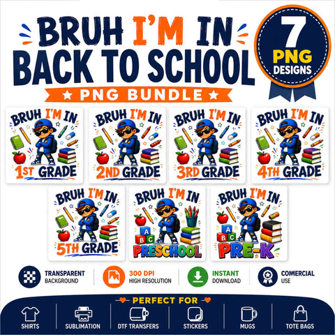 Bruh I'm In Back to School PNG Bundle | Pre-K to 5th Grade Designs SVG BillahCrafts 