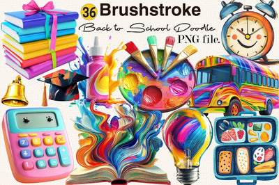 Brushstroke Back to School Doodle PNG Clipart Bundle. Sublimation SVGArt 