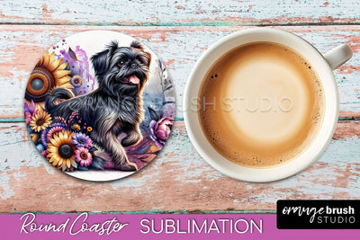 Brussels Griffon Round Coaster - Dog Mom Floral Coaster Sublimation Sublimation OrangeBrushStudio 