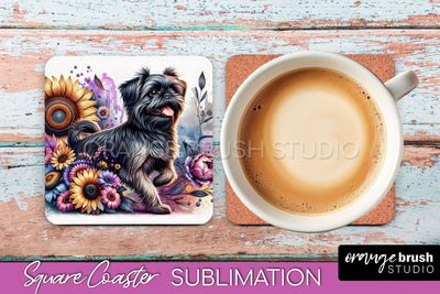 Brussels Griffon Square Coaster - Dog Mom Floral Coaster Sublimation Sublimation OrangeBrushStudio 