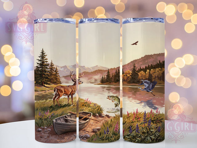 Buck Bass Lake Sunset Glow 20oz Tumbler, Buck Motif, Bass Fish, Lake Scene, Sunset Glow, Rustic Charm, Skinny Tumbler, Sublimation PNG Sublimation SvggirlplusArt 