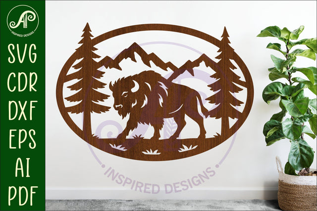 Buffalo mountain scene Oval wall sign laser cut file SVG APInspireddesigns 