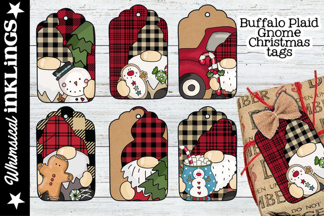Buffalo Plaid Christmas Gnome Printable Tags Sublimation Whimsical Inklings 