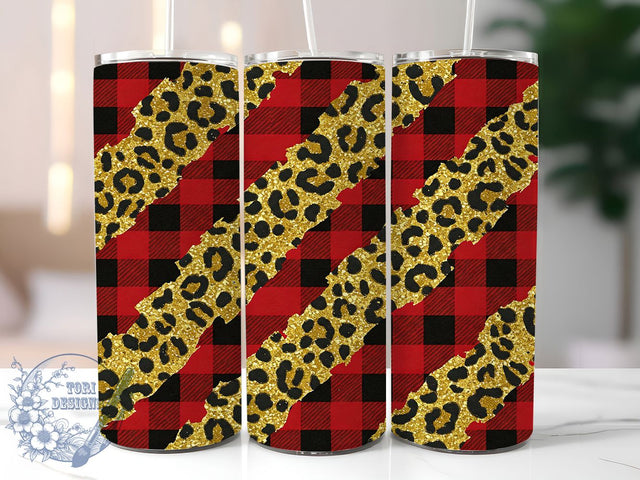 Buffalo Plaid Leopard Print Tumbler, Leopard Print Tumbler, Cheetah Tumbler Wrap, Red Plaid Tumbler Design, 20oz Skinny Tumbler Wrap, Animal Print Sublimation, Plaid Tumbler Bundle Sublimation ToriDesigns 