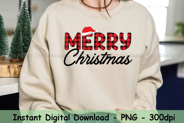 Buffalo Plaid Merry Christmas with Santa Hat, Christmas PNG T Shirt Design, Holiday Sublimation Design Sublimation ToriDesigns 