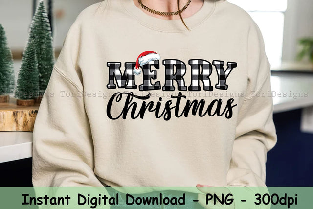 Buffalo Plaid Merry Christmas with Santa Hat PNG Design, Holiday Sublimation Design Download, Clipart, Instant Download Sublimation ToriDesigns 